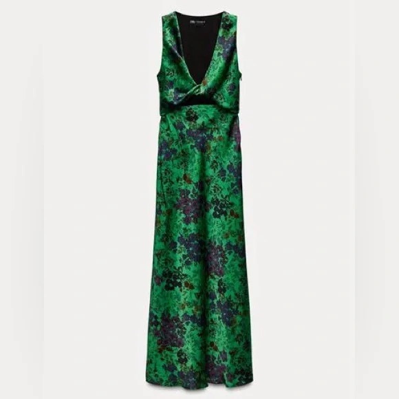 Zara Green and Purple Floral Print Satin Effect Dress with Cut Out Maxi Dress - Picture 5 of 15